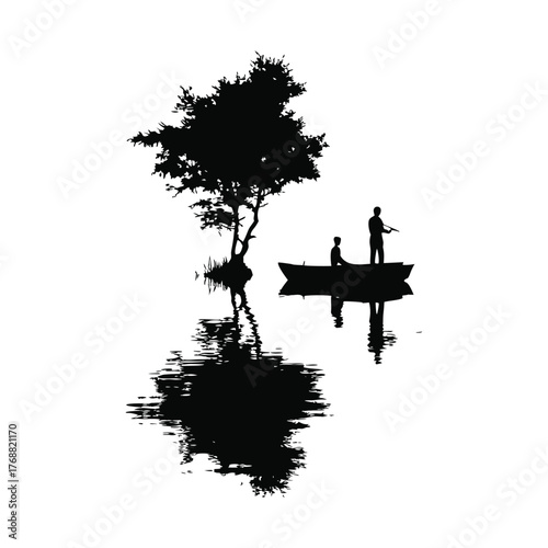 Black and white silhouette illustration design of a father and son fishing on a small boat in retro street style