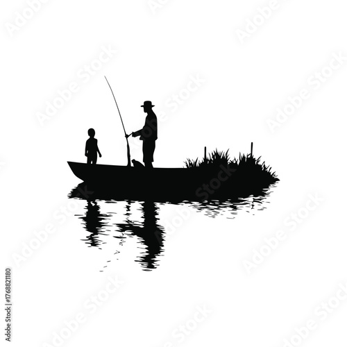 Black and white silhouette illustration design of a father and son fishing on a small boat in retro street style