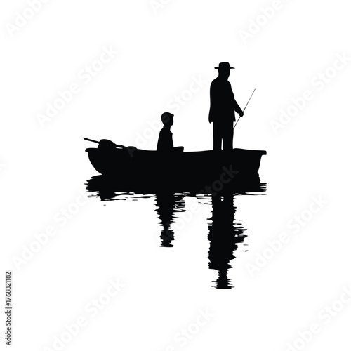 Black and white silhouette illustration design of a father and son fishing on a small boat in retro street style