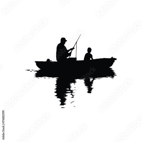 Black and white silhouette illustration design of a father and son fishing on a small boat in retro street style