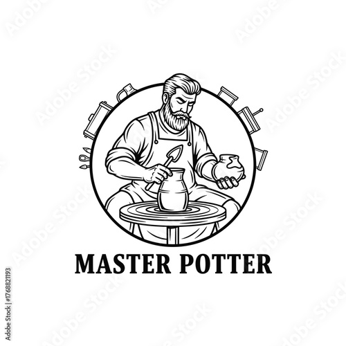A bearded man crafts pottery on a wheel, surrounded by tools, within a circle