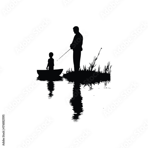 Black and white silhouette illustration design of a father and son fishing on a small boat in retro street style