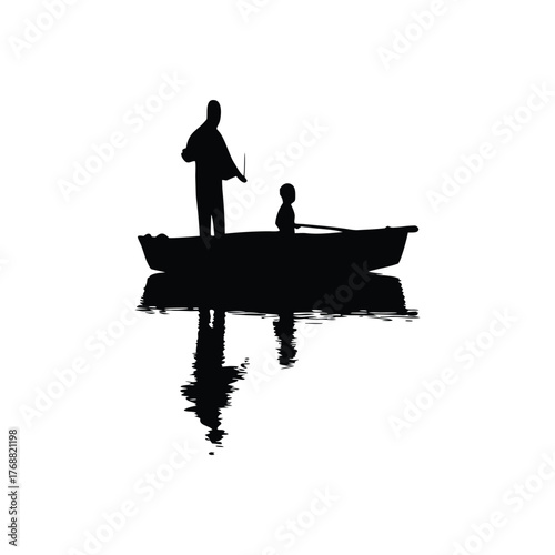 Black and white silhouette illustration design of a father and son fishing on a small boat in retro street style