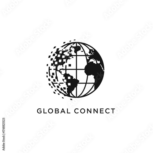 A black and white logo with a stylized globe, parts broken down into pixels. Text GLOBAL CONNECT