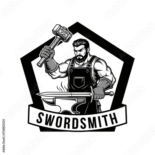 A strong blacksmith, in overalls, wields hammer over anvil with sword and a "Swordsmith" banner