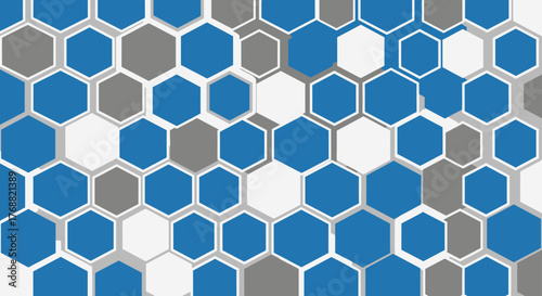 A geometric pattern comprised of blue, grey and white hexagons, creating a visually appealing design