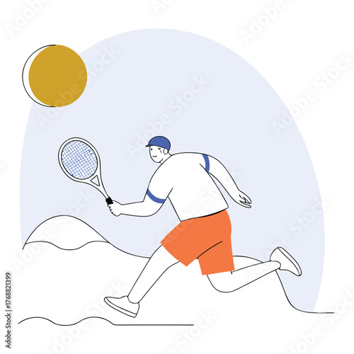 Left handed tennis player in action lunging for a forehand shot