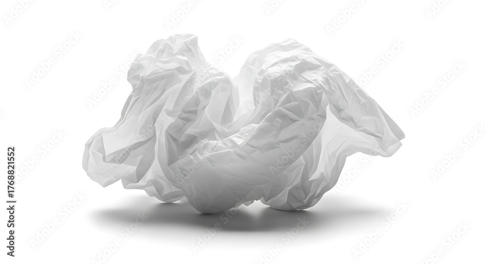 Fototapeta premium A crumpled, translucent tissue paper ball casting a shadow on white background.