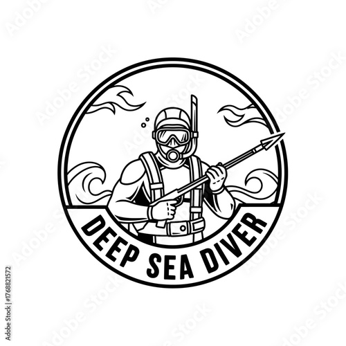 A monochrome illustration of a diver with a speargun inside a round frame, with waves around