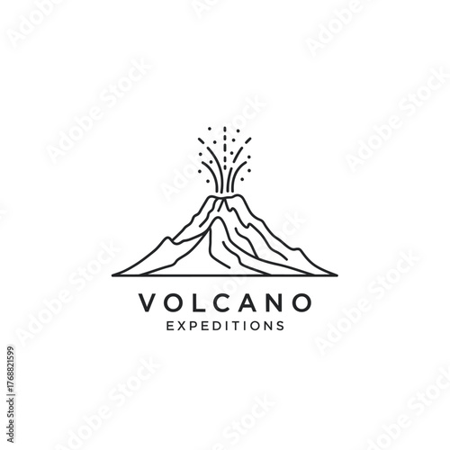 A minimalist line-art logo of an erupting volcano with text below