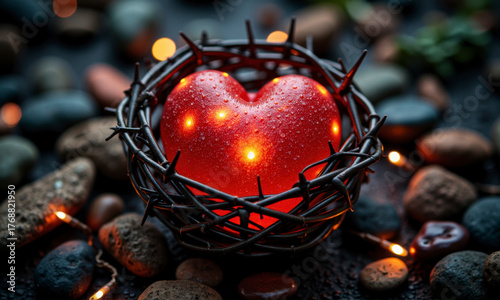 A Portrait of Painful Love: A Human Heart Made of a Woven Basket of Thorns