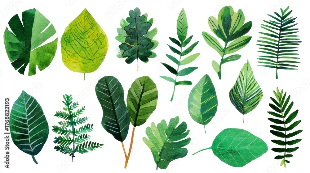 Obraz premium Watercolor illustration of assorted green leaf shapes, arranged loosely on white