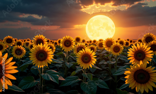 A Nocturnal Devotion: Sunflowers Facing a Giant, Glowing Full Moon