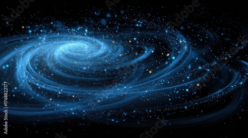 Swirling blue galaxy with golden particles against a vast, dark cosmic background. Use as a conceptual space image for technology, science, or fantasy projects.