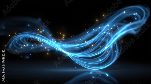 Glowing blue light streaks with yellow sparkles on black background. Perfect for technology, energy or futuristic design concepts.