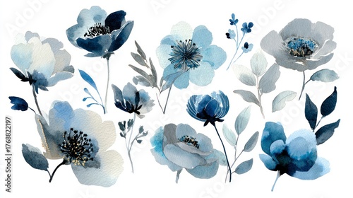 Watercolor flowers in shades of blue, gray, and white, isolated against a white backdrop