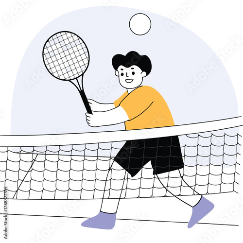 Young boy in oversized tennis gear playing a game