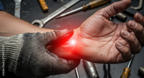 Worker's painful wrist glowing red, surrounded by tools, symbolizing occupational injury, carpal tunnel, or repetitive strain.