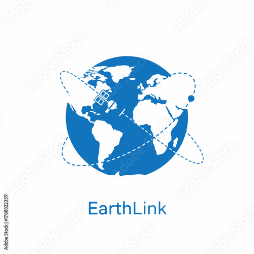 Blue globe surrounded by dotted orbital paths. Satellite and accompanying text below