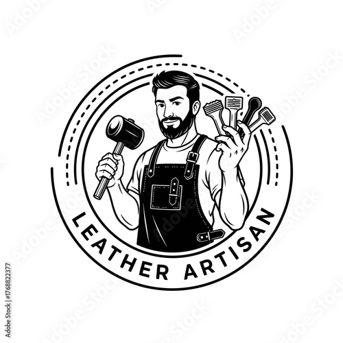 A craftsman in an apron, holding tools, surrounded by a circular frame. The words "Leather Artisan" are written around the edge