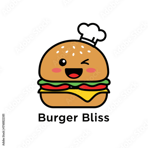 A smiling, winking cartoon hamburger with a chef hat and layers of toppings and text below