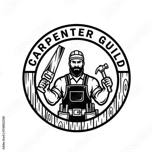 A burly man with tools within a circle, representing craftsmanship and construction