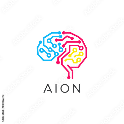 A colorful, schematic representation of a brain with electronic circuit pathways and the word "AION" below