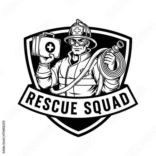 A firefighter holding a medical bag and hose in black and white, with "Rescue Squad" text