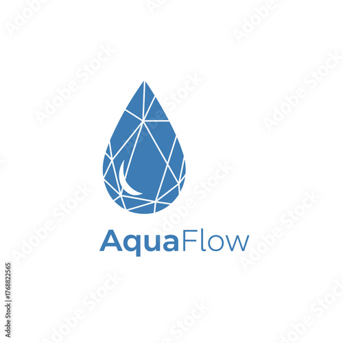 A stylized blue water drop with internal lines and a curved crescent, with accompanying text