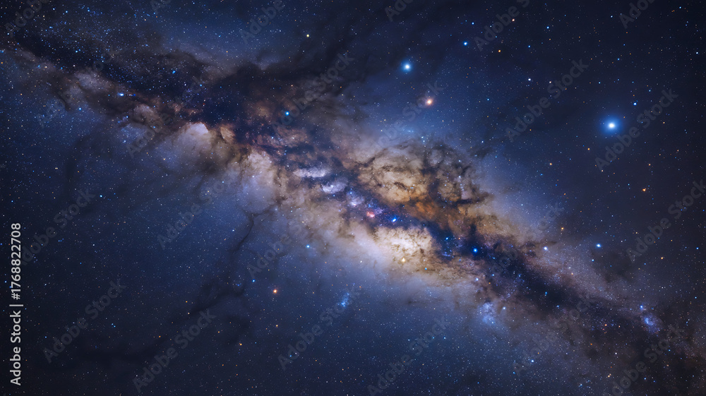 Fototapeta premium Dense star-filled band of the Milky Way galaxy stretching across deep space with bright celestial objects and dark nebulae