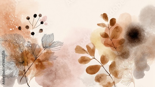 Abstract floral arrangement with watercolor washes in muted earth tones and fine line details