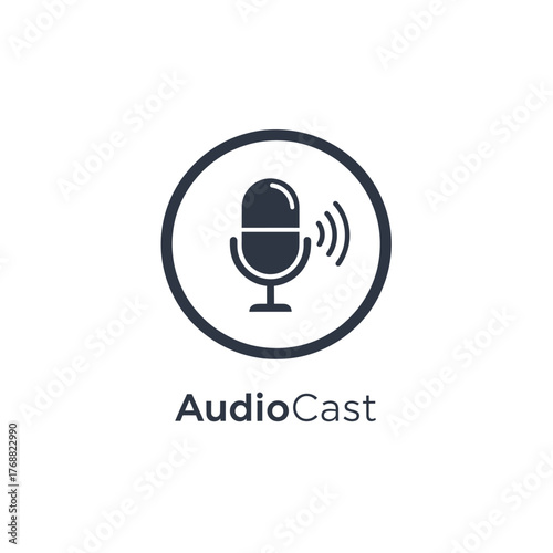 A stylized microphone icon in a dark circle with soundwaves, accompanied by text below