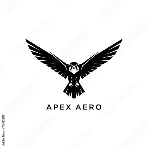 A striking black and white logo, featuring a stylized bird with outstretched wings, with text below