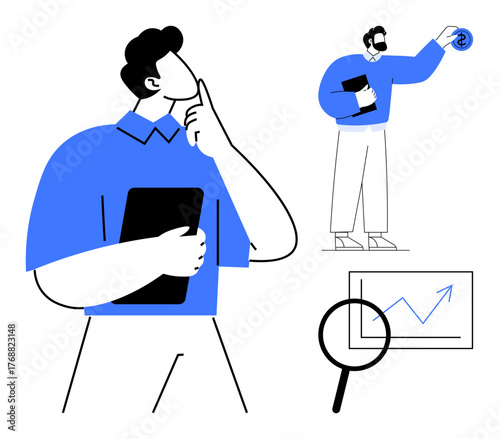 Two individuals thinking and analyzing one holds a document, the other engages with data insights and graphs. Ideal for teamwork, idea generation, research, analytics, planning, collaboration