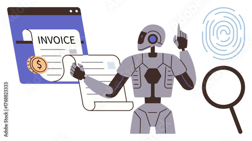 Robot analyzing invoices alongside dollar coin, fingerprint, and magnifying glass. Ideal for automation, AI, finance, cybersecurity, data processing technology and innovation themes. Simple flat