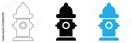 Fire hydrant icons in line art, solid, and filled styles,editable stroke,Fire hydrant, in line design. Fire hydrant, water supply, emergency, safety, firefighting, public utility, 