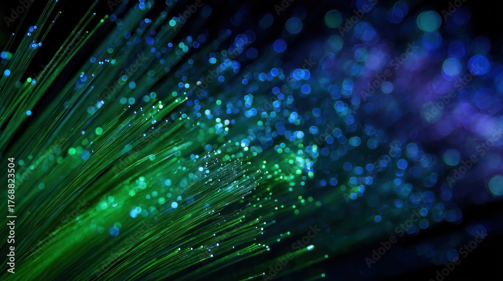 Obraz premium Fiber optic strands glow blue, green, and purple against a dark background