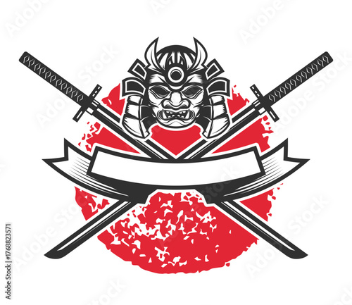 Samurai Symbol of Bravery and Heritage: An illustration of a samurai helmet and two crossed swords against a rising sun, symbolizing the honor, strength, and warrior spirit.