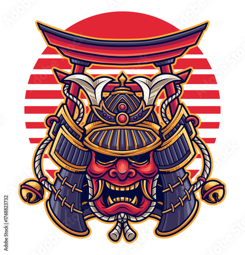 Samurai Mask and Torii Gate: This illustration showcases a formidable Samurai mask adorned with traditional features, and a Torii gate standing proudly against the backdrop of a radiant rising sun.