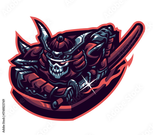 Ancient Samurai Warrior: A detailed illustration of a fierce samurai warrior, ready for battle, embodies the spirit of ancient Japan with an intimidating presence.