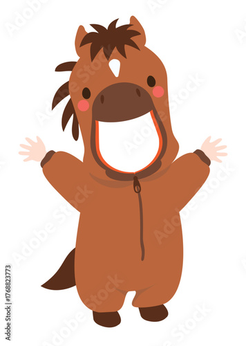 口の中が透過加工され写真をはめ込むことができる、2026年午年の年賀状に適した馬の着ぐるみのベクターイラスト