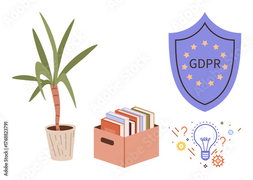 Shield with GDPR text, plant in a pot, box of books, lightbulb with gears and question marks. Ideal for data protection, education, creativity, knowledge compliance organization minimalism. Simple