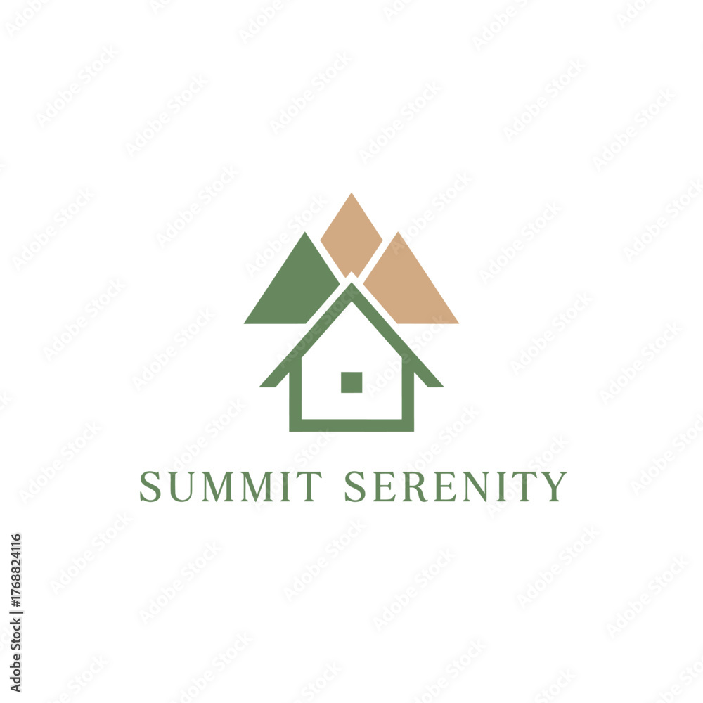 Fototapeta premium A geometric logo features a house below three mountain peaks. The text 