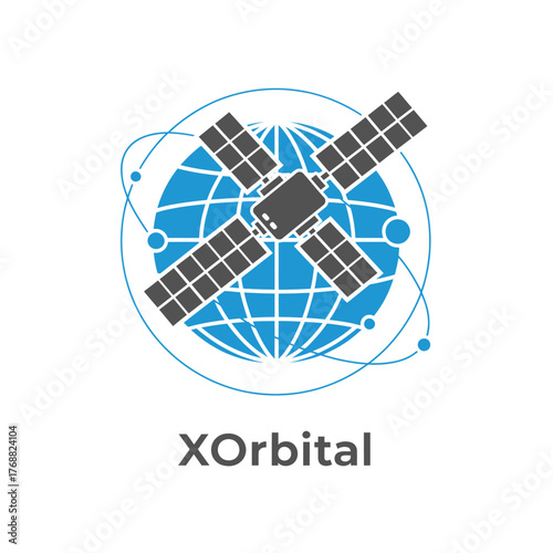 A satellite illustration orbiting a blue Earth globe. A gray spacecraft floats above, with solar panels