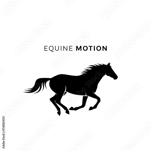A dynamic black silhouette of a galloping horse, "EQUINE MOTION" text