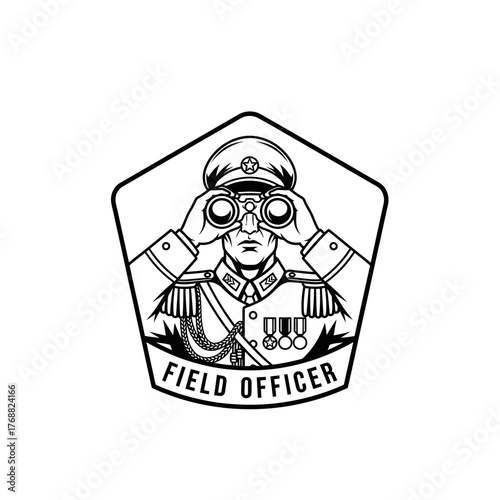 A black and white illustration of a uniformed man, observing with binoculars, within a badge shape