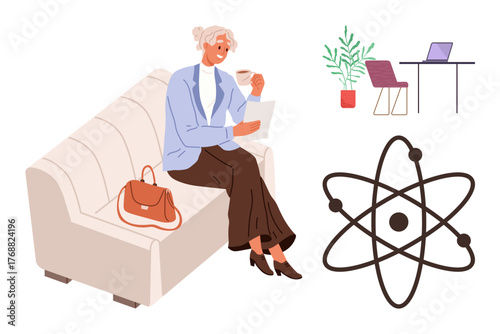 Woman seated on sofa with coffee and document, handbag beside her, minimal office setup, and atomic model. Ideal for science, education, simplicity, productivity, balance modern lifestyle focus