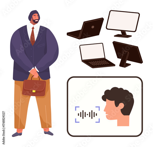 Businessman with briefcase next to laptops, monitors, and a voice recognition graphic interface. Ideal for technology, communication, business tools, artificial intelligence, user engagement