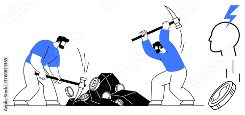 Two miners chipping away at rocks with tools while coins emerge a head illustration with a lightning bolt. Ideal for cryptocurrency, blockchain, innovation, teamwork, digital mining, fintech
