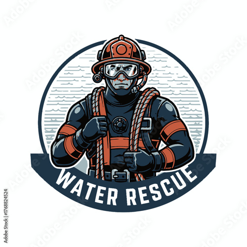 A determined rescuer in a suit, with gear, in a round frame. Text WATER RESCUE